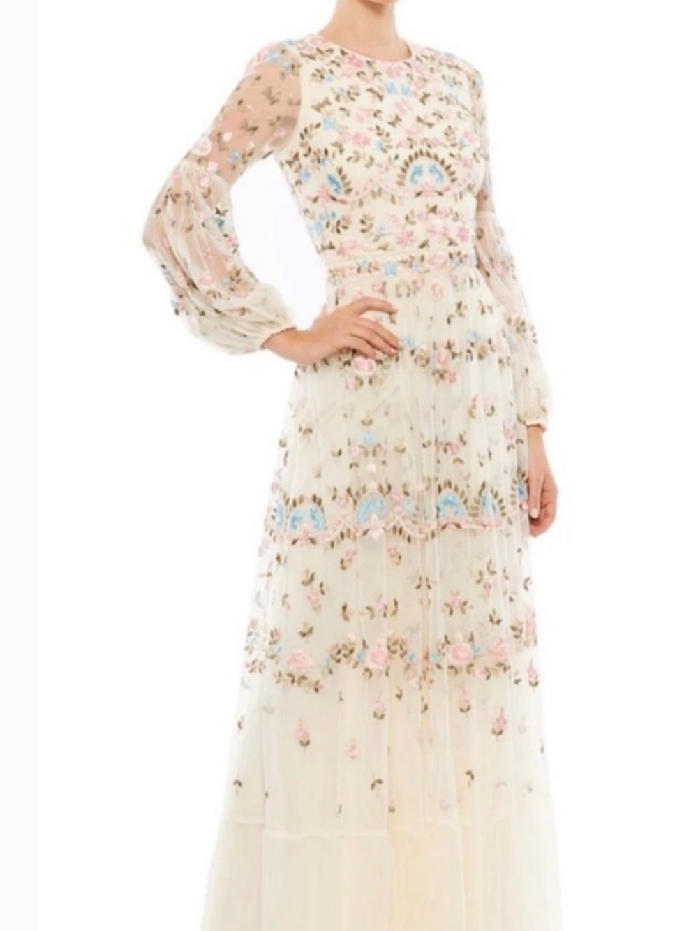 MacDuggal NWT Women’s Embroidered High Neck Illusion Sleeve Tiered Gown Size 8